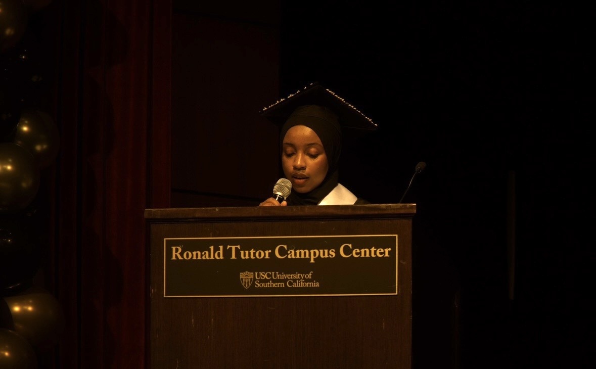 Zeinab speaking at the Ronald Tutor Campus Center